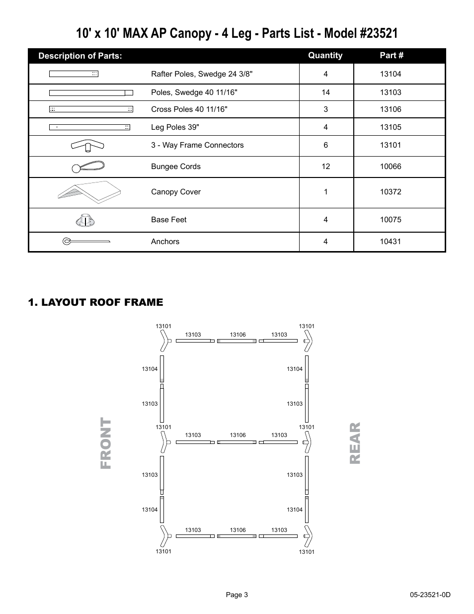 Fr on t re a r, Layout roof frame | ShelterLogic 23521 10 x 20 Max AP Compact Canopy User Manual | Page 3 / 15