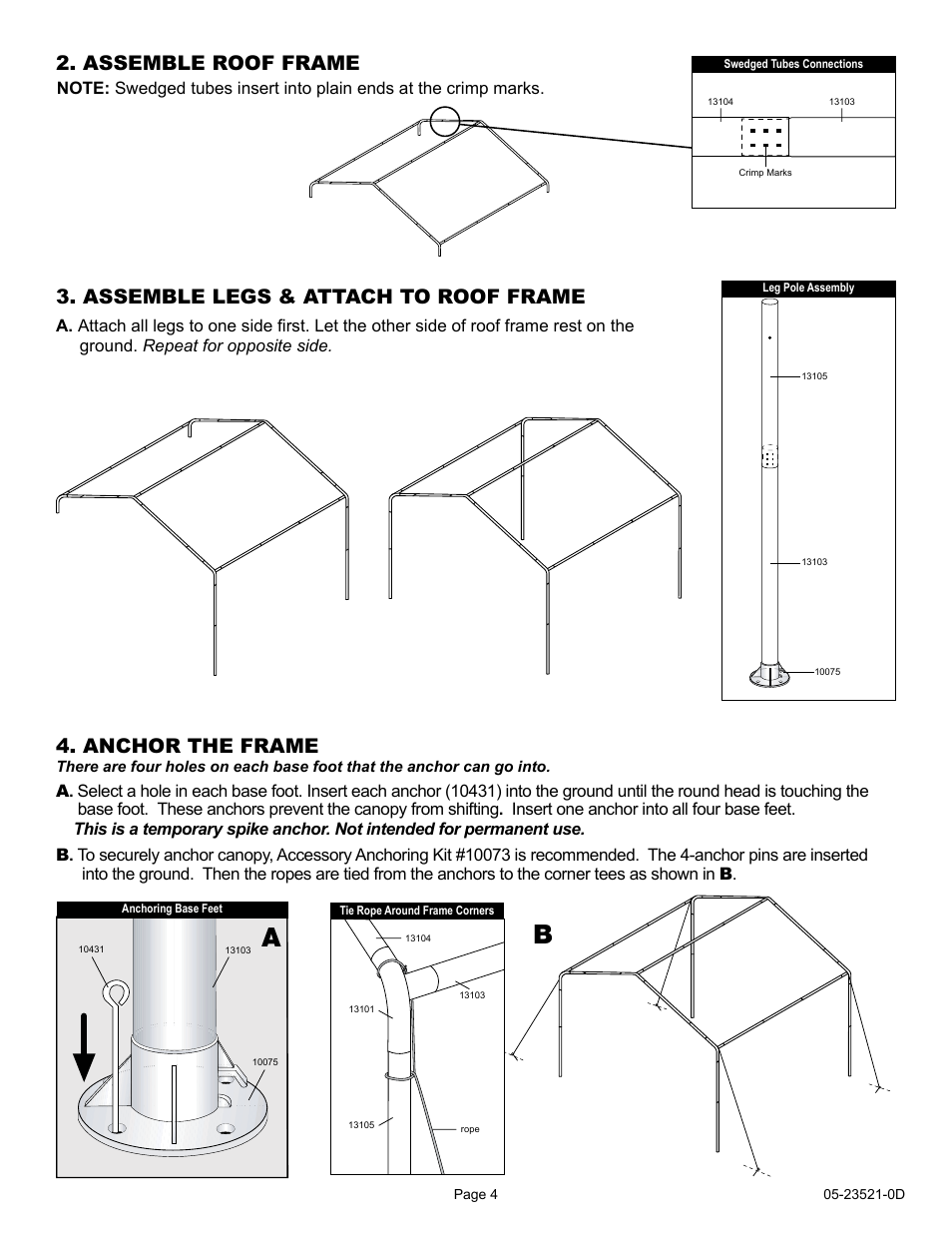 Assemble roof frame, Assemble legs & attach to roof frame, Anchor the frame | ShelterLogic 23521 10 x 20 Max AP Compact Canopy User Manual | Page 4 / 15