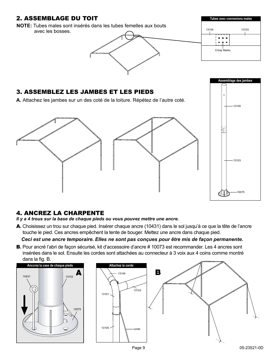 Assemblage du toit, Assemblez les jambes et les pieds, Ancrez la charpente | ShelterLogic 23521 10 x 20 Max AP Compact Canopy User Manual | Page 9 / 15