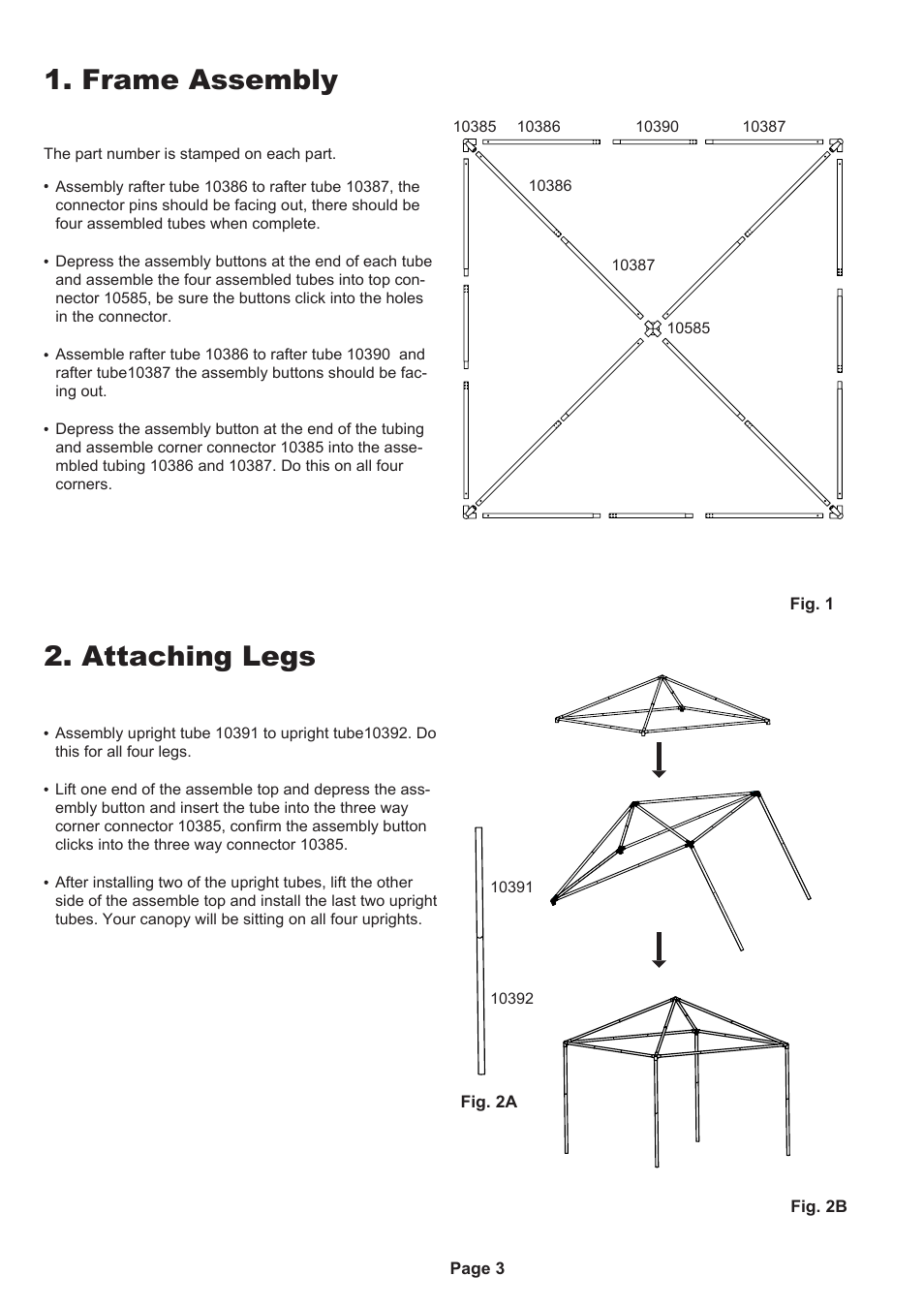 Frame assembly 2. attaching legs | ShelterLogic 25793 10 x 10 Celebration Canopy User Manual | Page 3 / 4