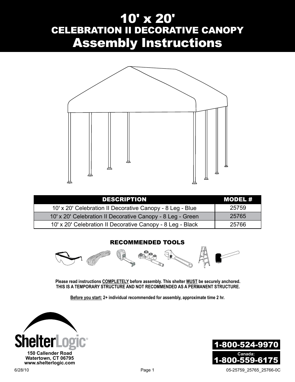 ShelterLogic 25765 10 x 20 Celebration II Canopy - 1-3/8 Frame User Manual | 5 pages