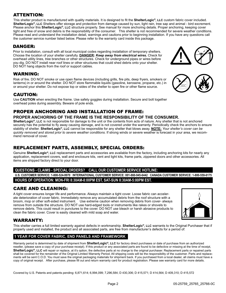 Warning: caution, Proper anchoring and installation of frame, Care and cleaning | Attention, Danger, Replacement parts, assembly, special orders, Warranty | ShelterLogic 25765 10 x 20 Celebration II Canopy - 1-3/8 Frame User Manual | Page 2 / 5