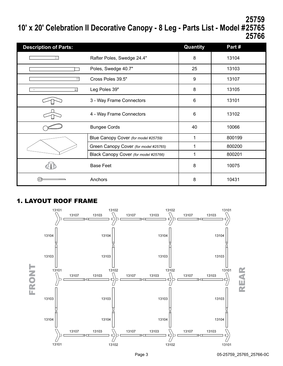 Layout roof frame | ShelterLogic 25765 10 x 20 Celebration II Canopy - 1-3/8 Frame User Manual | Page 3 / 5