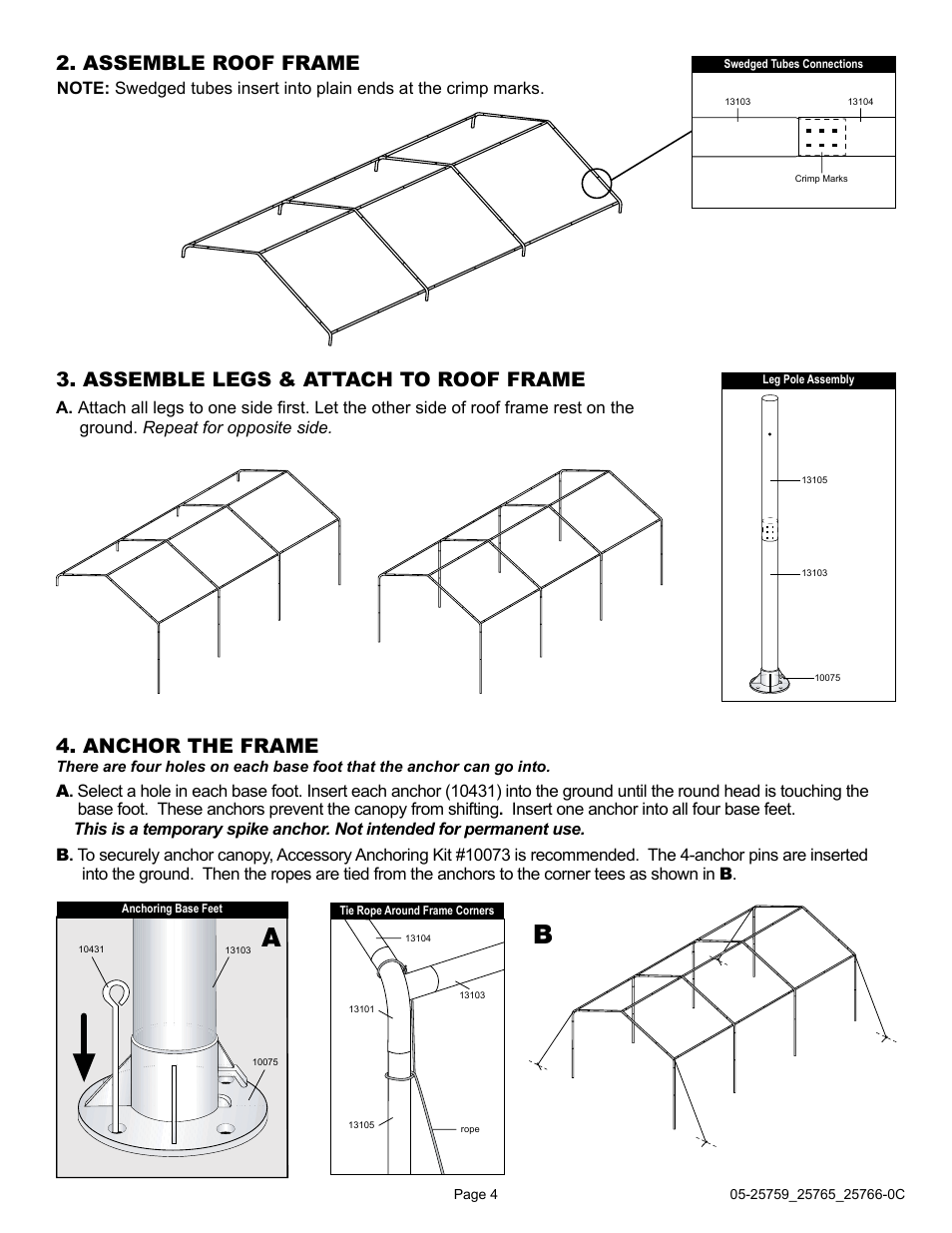 Assemble roof frame, Assemble legs & attach to roof frame, Anchor the frame | ShelterLogic 25765 10 x 20 Celebration II Canopy - 1-3/8 Frame User Manual | Page 4 / 5