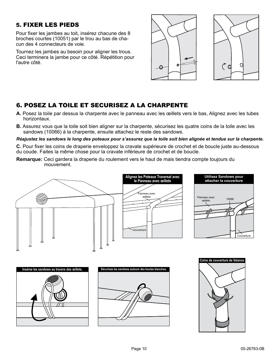 Fixer les pieds, Posez la toile et securisez a la charpente | ShelterLogic 26763 10 x 20 Celebration II Canopy - 2 Frame User Manual | Page 10 / 15