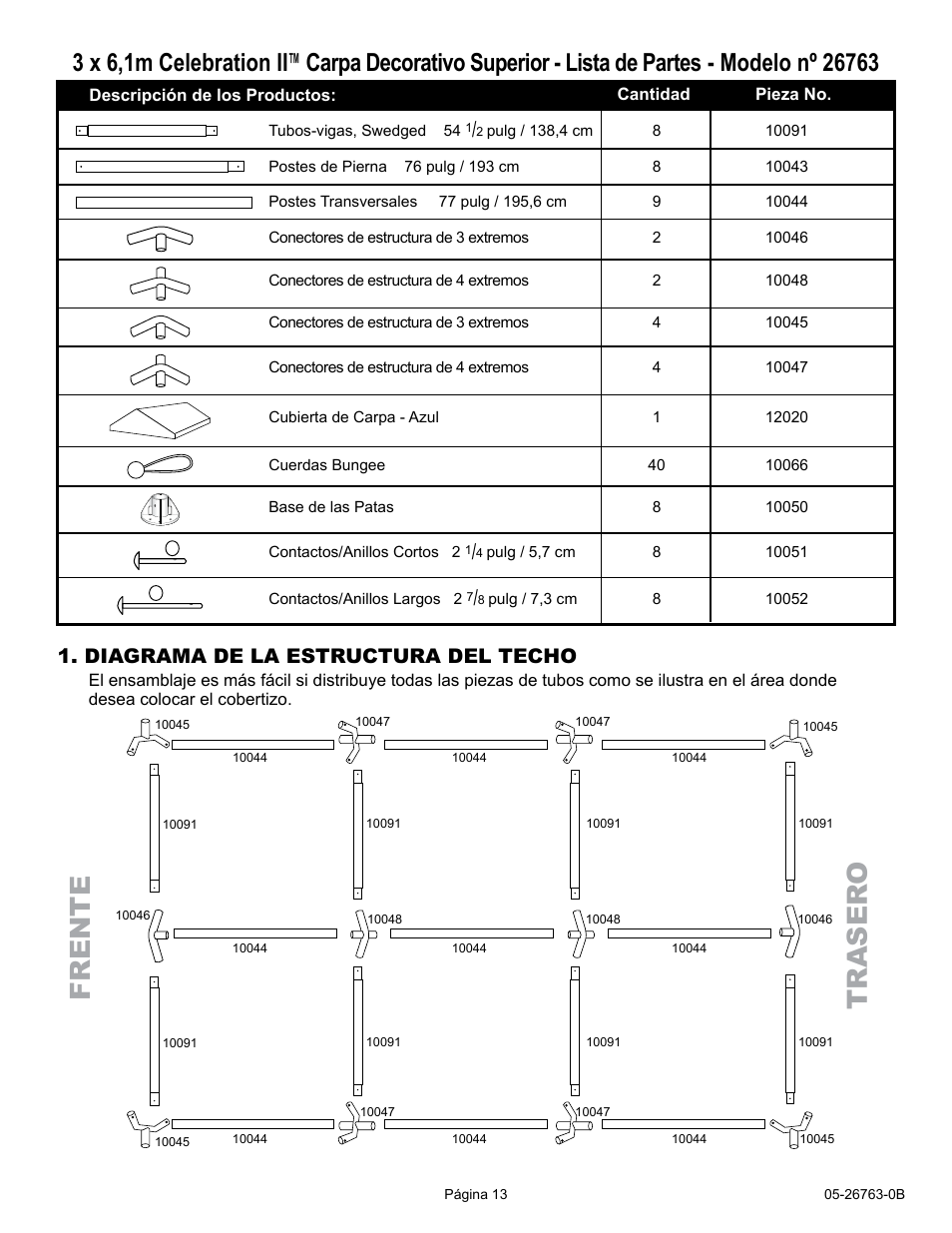 Frente traser o, Diagrama de la estructura del techo | ShelterLogic 26763 10 x 20 Celebration II Canopy - 2 Frame User Manual | Page 13 / 15