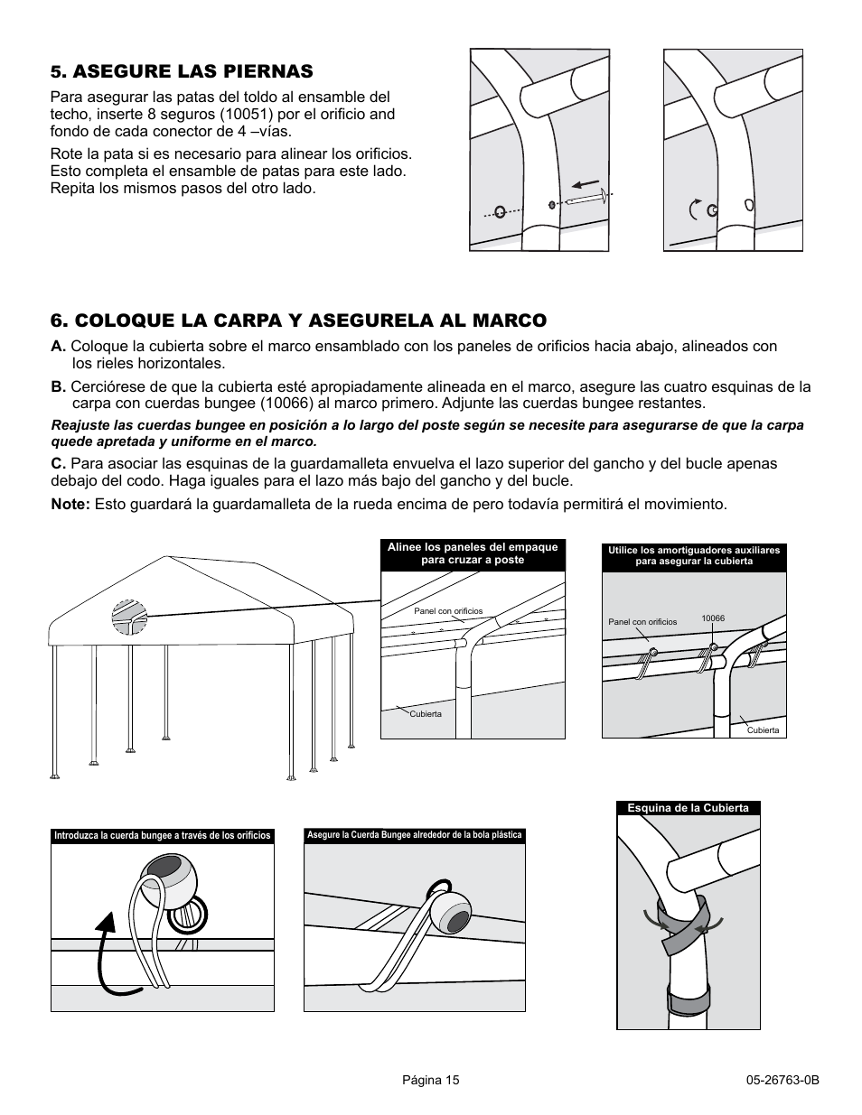 Asegure las piernas, Coloque la carpa y asegurela al marco | ShelterLogic 26763 10 x 20 Celebration II Canopy - 2 Frame User Manual | Page 15 / 15
