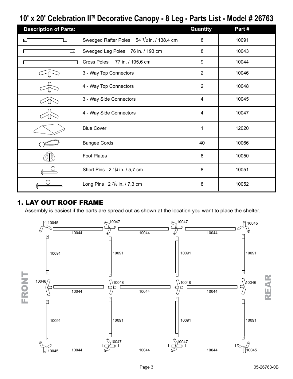 Fr ont rear, Lay out roof frame | ShelterLogic 26763 10 x 20 Celebration II Canopy - 2 Frame User Manual | Page 3 / 15