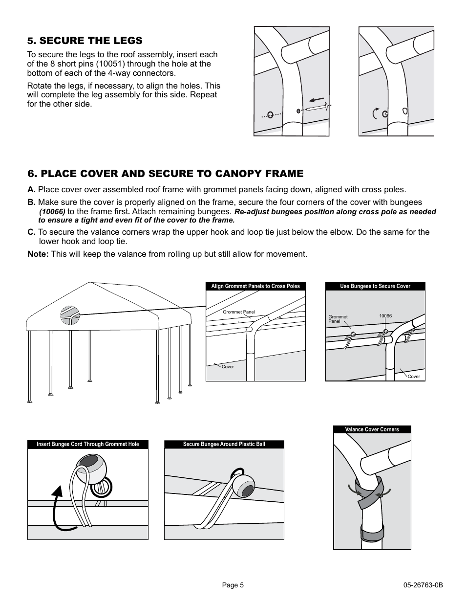 Secure the legs, Place cover and secure to canopy frame | ShelterLogic 26763 10 x 20 Celebration II Canopy - 2 Frame User Manual | Page 5 / 15