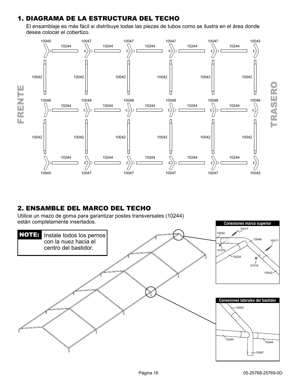 Frente tra s er o, Ensamble del marco del techo, Diagrama de la estructura del techo | ShelterLogic 25768 12 x 30 Celebration II Canopy User Manual | Page 16 / 18