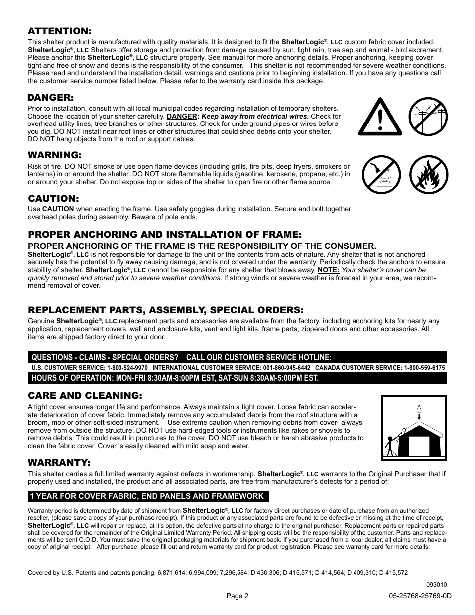 Warning: caution, Proper anchoring and installation of frame, Care and cleaning | Attention, Danger, Replacement parts, assembly, special orders, Warranty | ShelterLogic 25768 12 x 30 Celebration II Canopy User Manual | Page 2 / 18