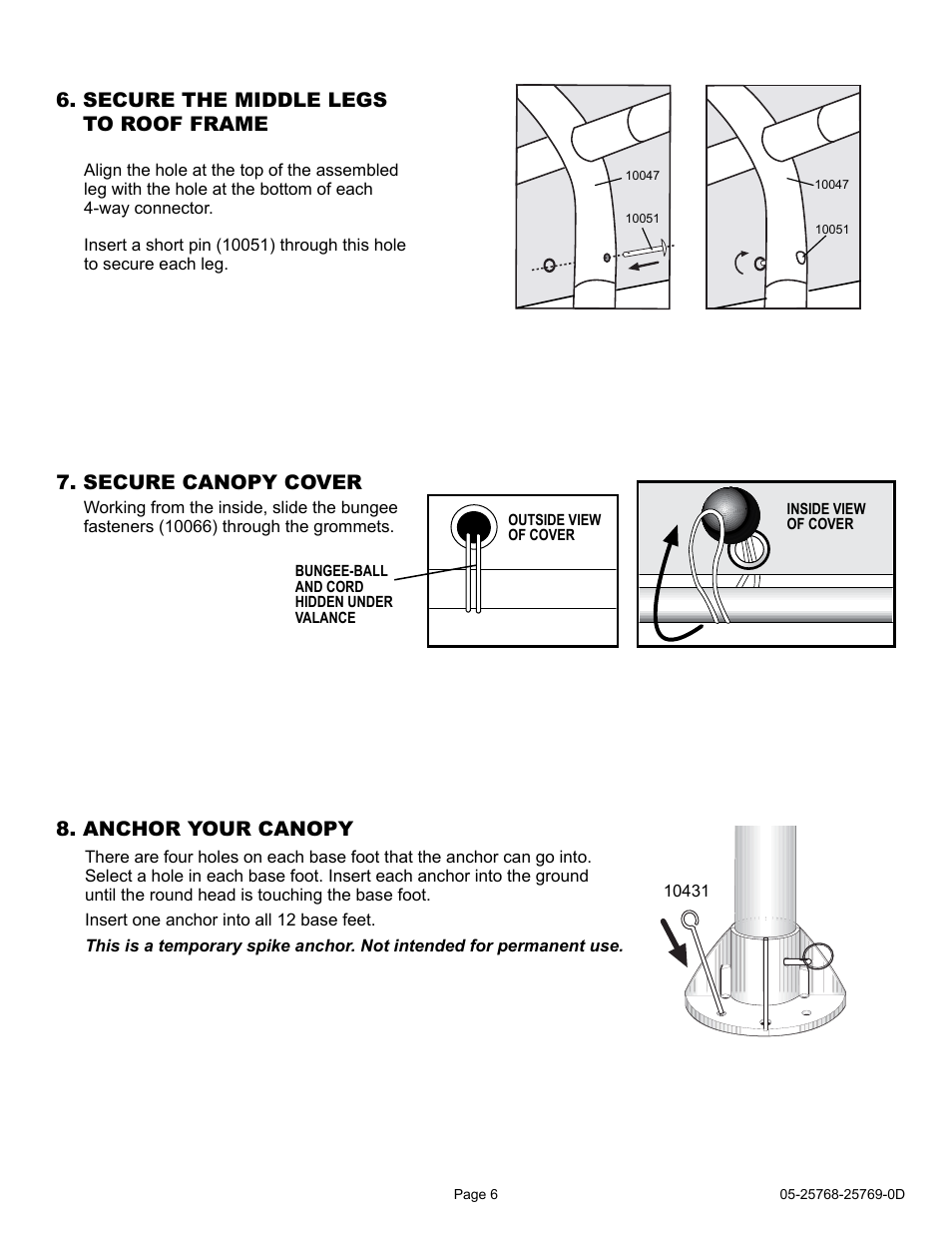 Secure the middle legs to roof frame, Secure canopy cover, Anchor your canopy | ShelterLogic 25768 12 x 30 Celebration II Canopy User Manual | Page 6 / 18