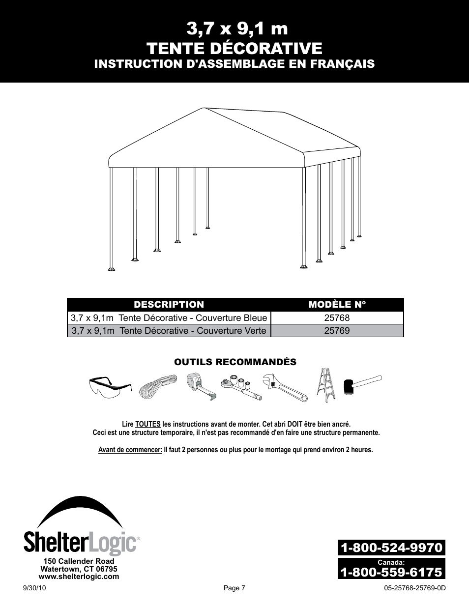 3,7 x 9,1 m, Tente décorative, Instruction d'assemblage en français | ShelterLogic 25768 12 x 30 Celebration II Canopy User Manual | Page 7 / 18