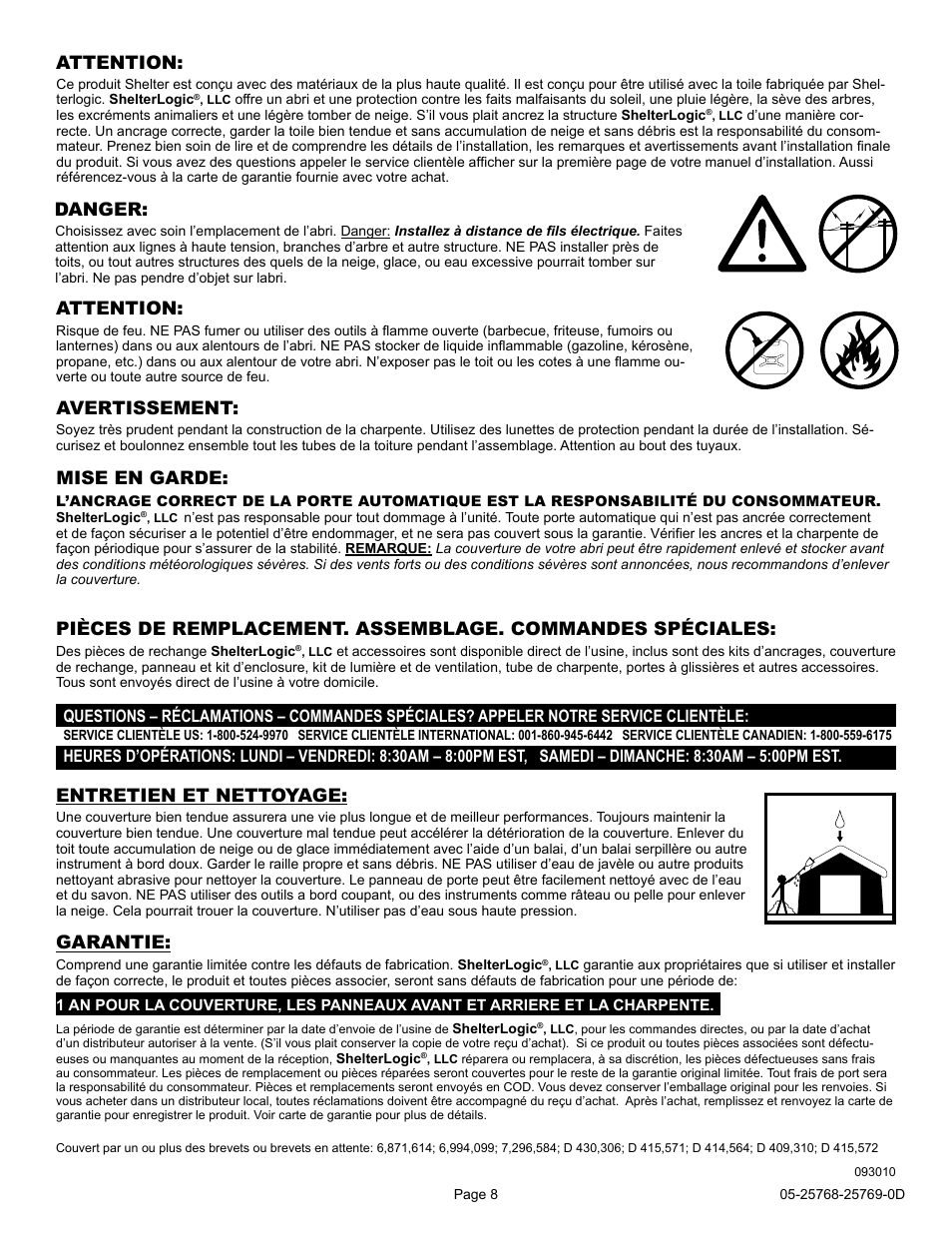 Attention: avertissement, Mise en garde, Entretien et nettoyage | Attention, Danger, Garantie | ShelterLogic 25768 12 x 30 Celebration II Canopy User Manual | Page 8 / 18