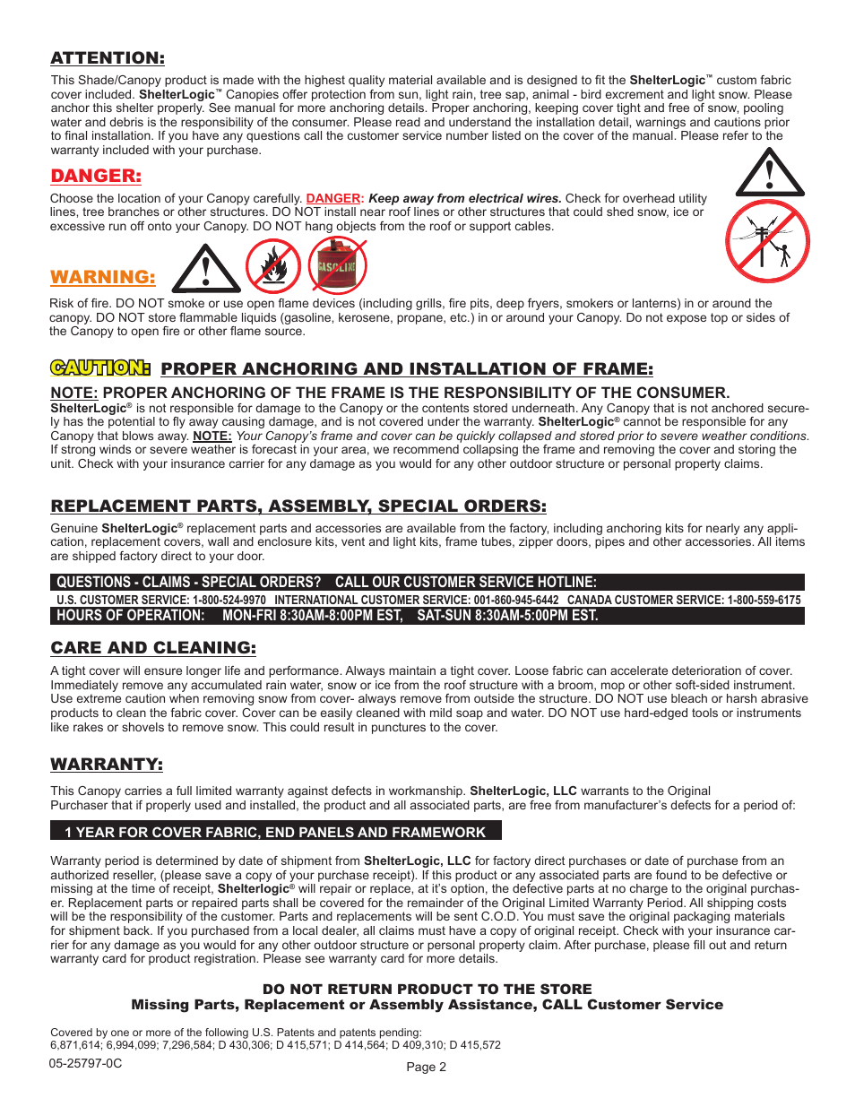 Caution, Danger, Warning | ShelterLogic 25797 20 x 20 Celebration Canopy User Manual | Page 2 / 8