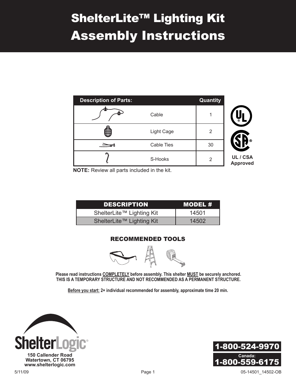ShelterLogic 14501 ShelterLite Lighting Kit User Manual | 6 pages