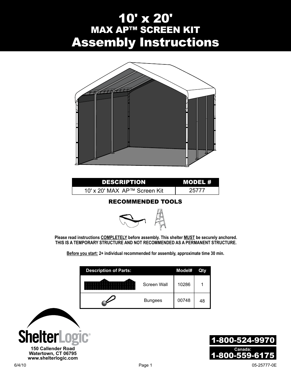 ShelterLogic 25777 Canopy Screen Kit 10 x 20 User Manual | 9 pages