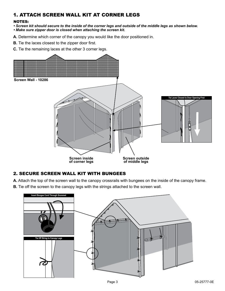 Attach screen wall kit at corner legs, Secure screen wall kit with bungees | ShelterLogic 25777 Canopy Screen Kit 10 x 20 User Manual | Page 3 / 9