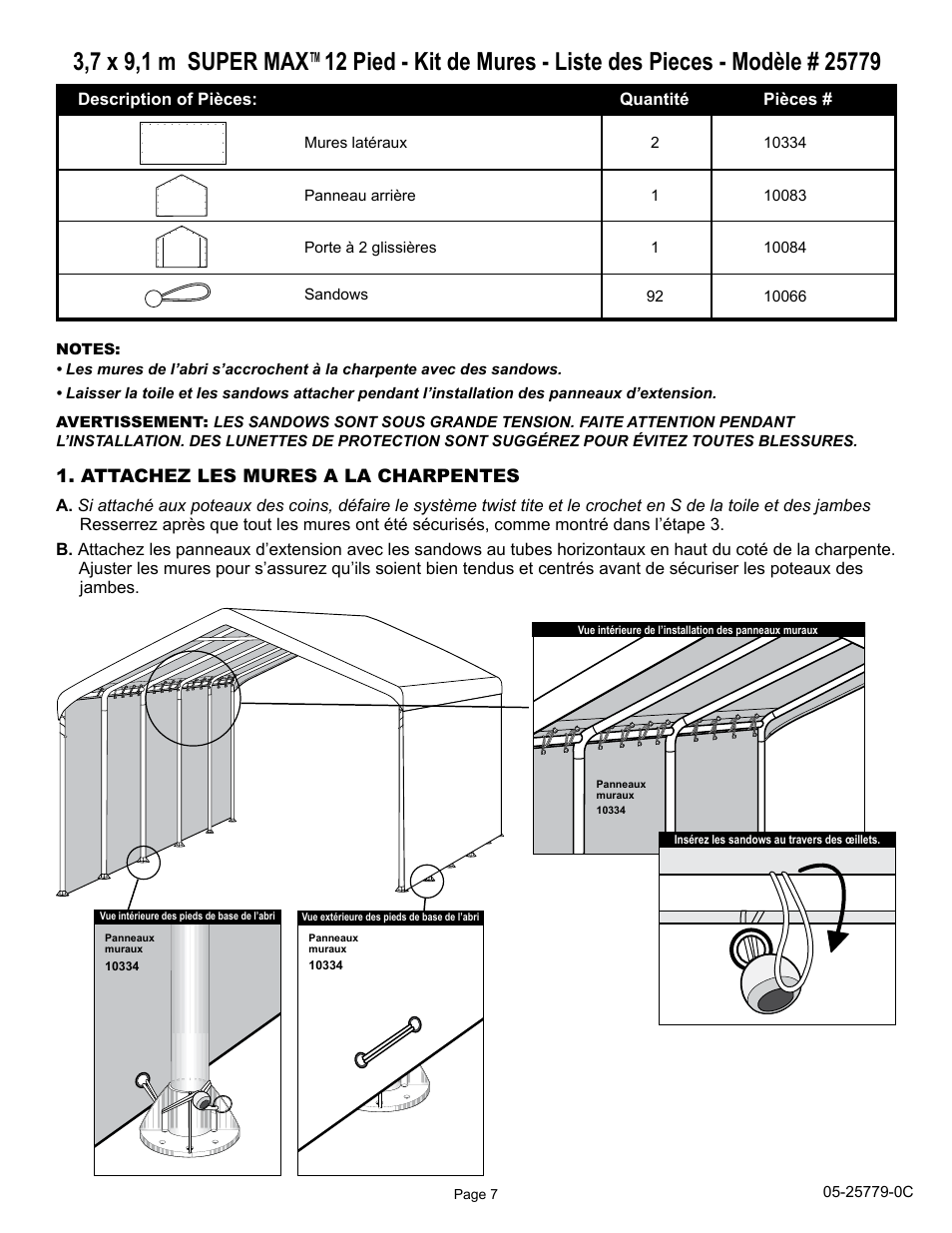 Attachez les mures a la charpentes | ShelterLogic 25779 12 x 30 Super Max Enclosure Kit User Manual | Page 7 / 12