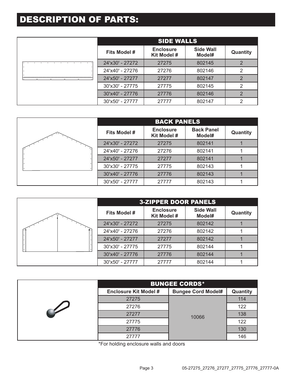 Description of parts | ShelterLogic 27775-27777 30 x x0 2-3/8 ULTRAMAX Enclosure Kit" User Manual | Page 3 / 5