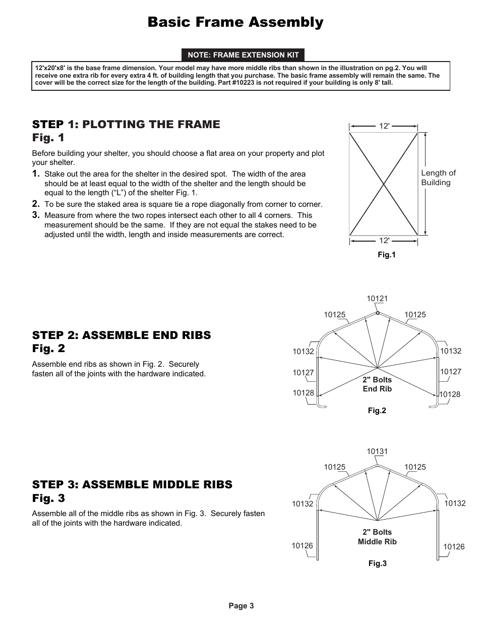 Basic frame assembly, Step 1: plotting the frame fig. 1 | ShelterLogic 71534 Peak Style Storage Shelter 12 x 20 x 8 User Manual | Page 2 / 7