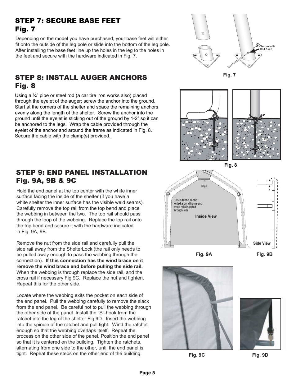 Step 7: secure base feet fig. 7, Step 8: install auger anchors fig. 8, Step 9: end panel installation fig. 9a, 9b & 9c | ShelterLogic 71534 Peak Style Storage Shelter 12 x 20 x 8 User Manual | Page 4 / 7