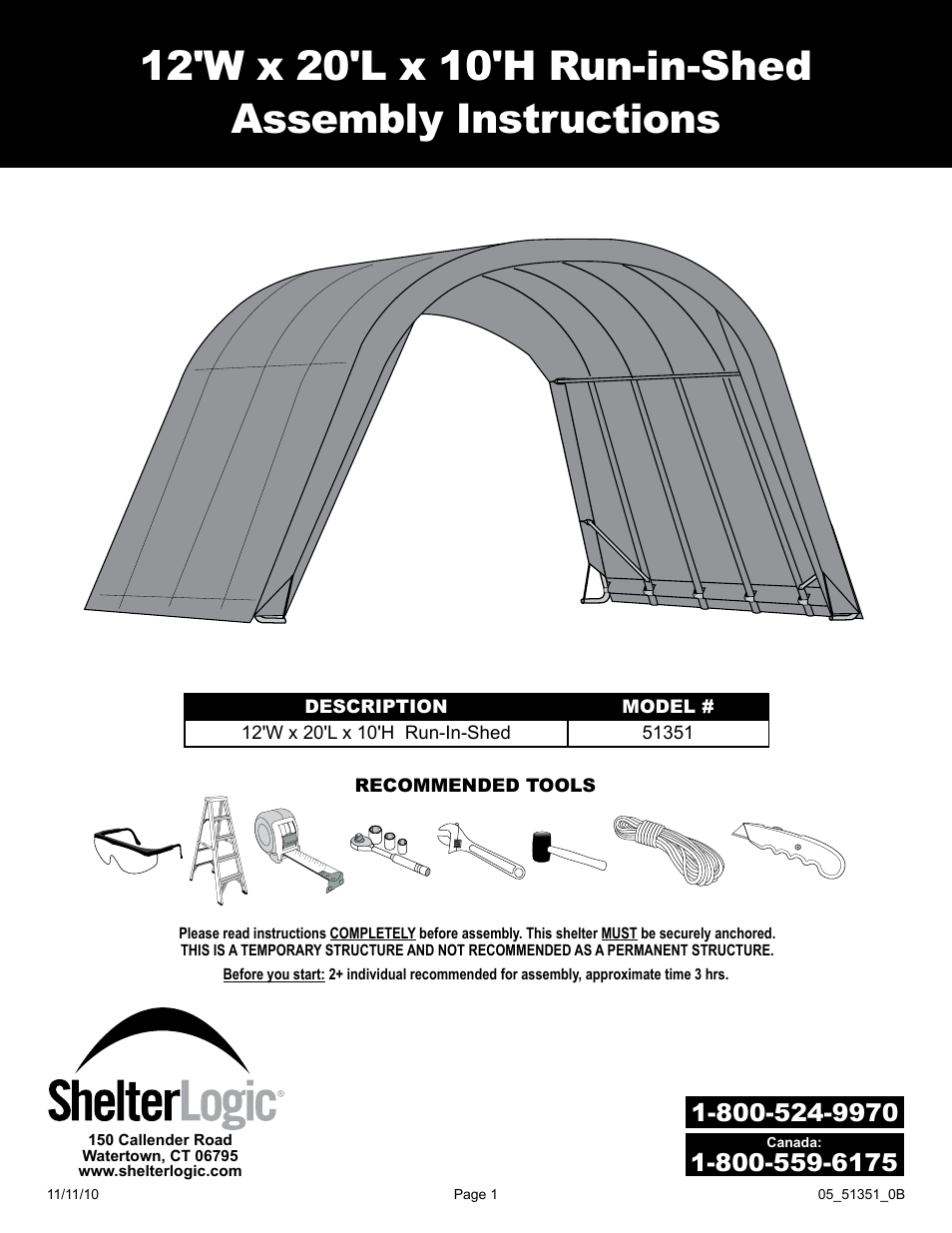 ShelterLogic 51341 Run-In Shed 12 x 20 x 8 User Manual | 6 pages