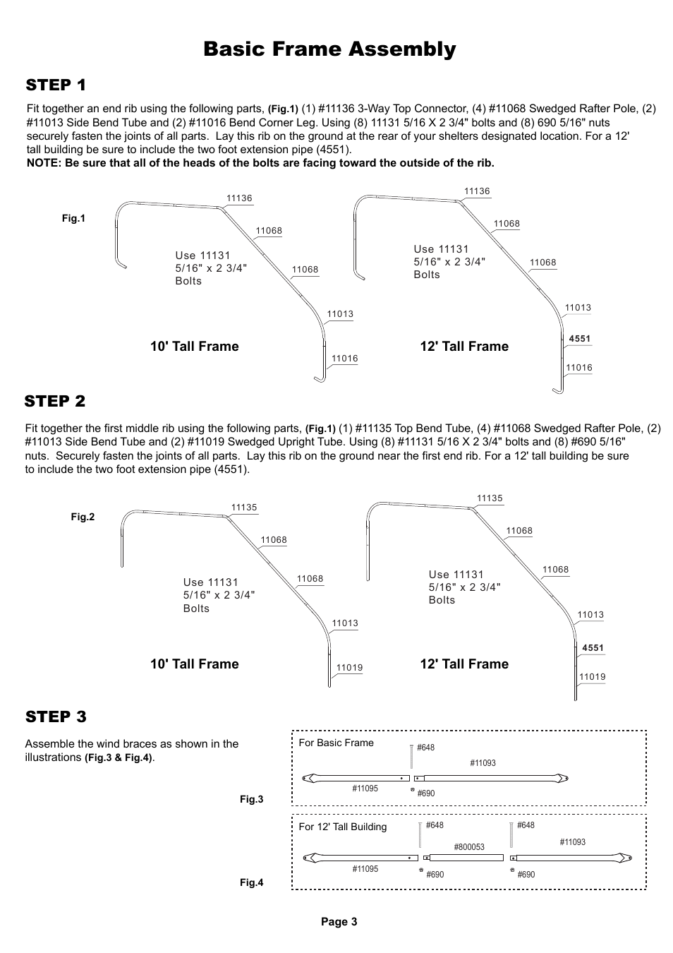 Basic frame assembly, Step 1 step 2, Step 3 | ShelterLogic 58542 Run-In Shed 22 x 24 x 12 User Manual | Page 3 / 8