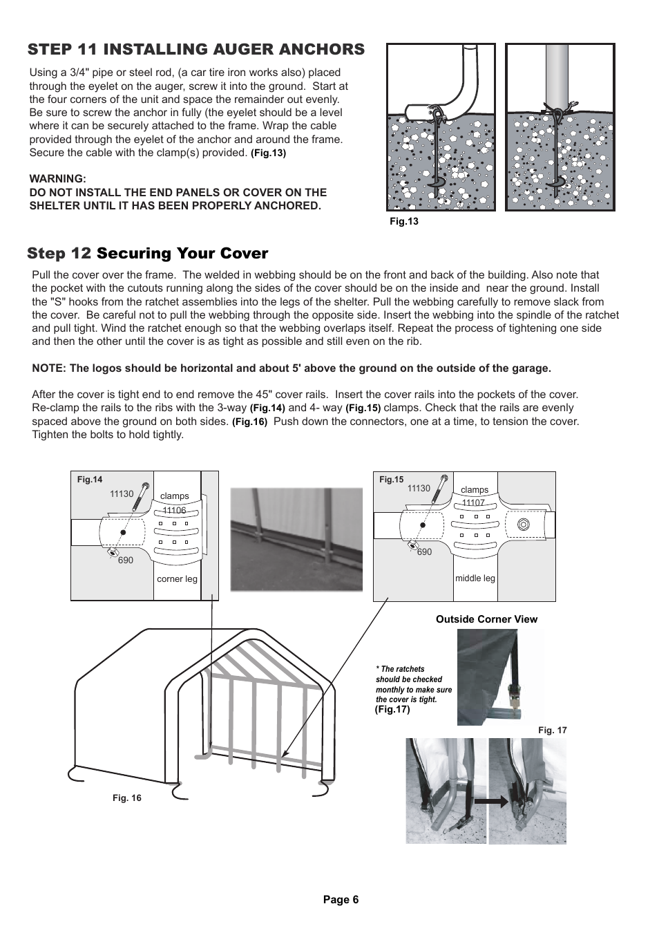 Step 12 securing your cover, Step 11 installing auger anchors | ShelterLogic 58542 Run-In Shed 22 x 24 x 12 User Manual | Page 6 / 8