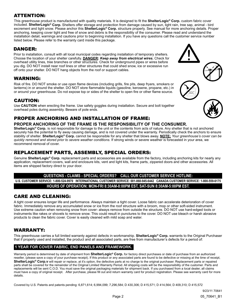 Warning, Proper anchoring and installation of frame, Care and cleaning: attention | Danger: caution, Replacement parts, assembly, special orders, Warranty | ShelterLogic 70641 GrowIt Organic Growers Greenhouse 6 x 8 x 6 6 User Manual | Page 2 / 40