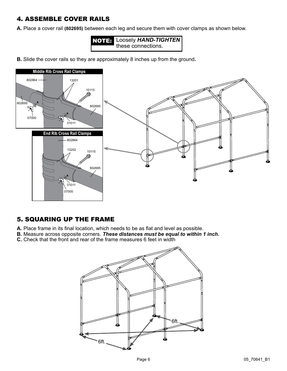 Squaring up the frame, Assemble cover rails | ShelterLogic 70641 GrowIt Organic Growers Greenhouse 6 x 8 x 6 6 User Manual | Page 6 / 40