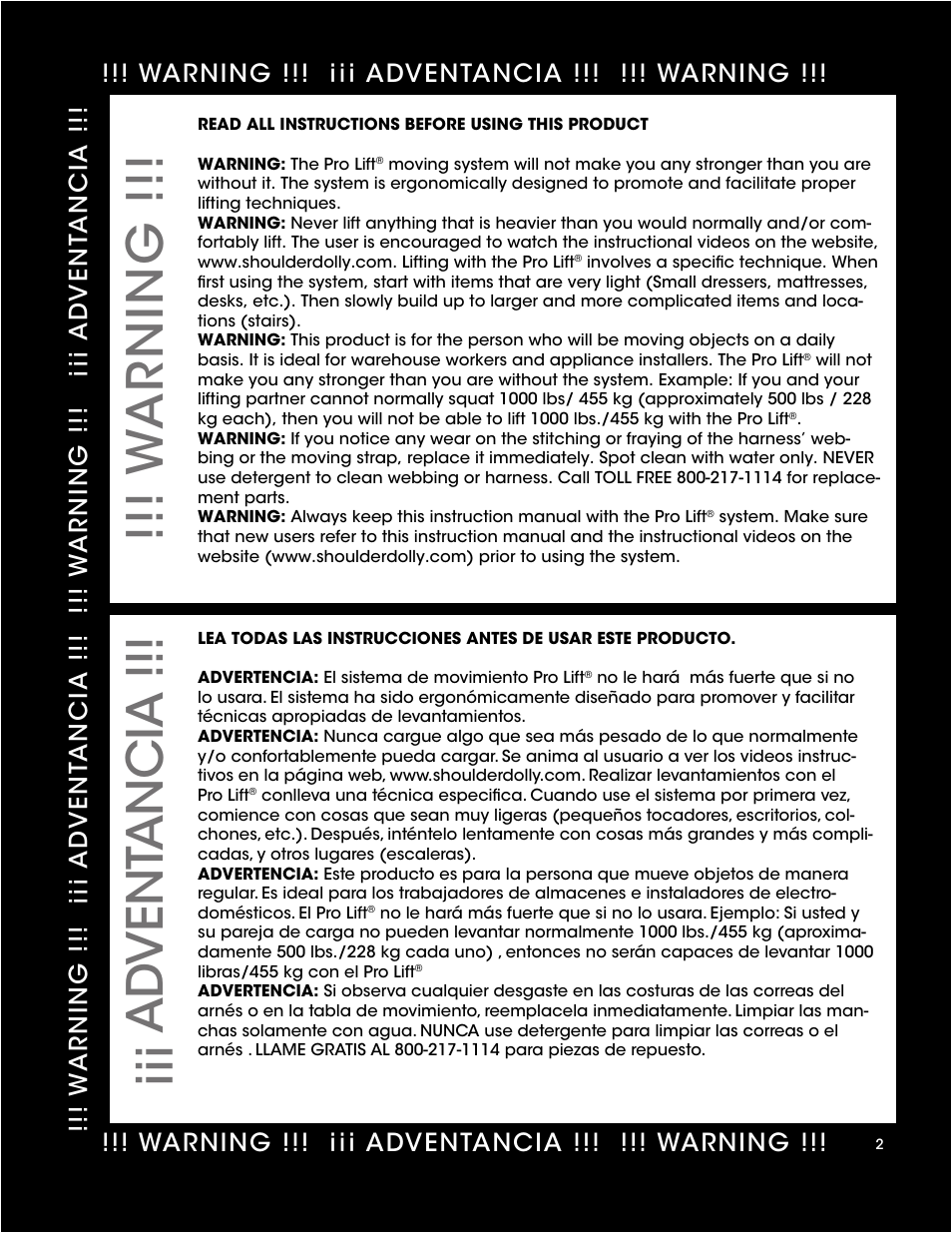 W arning !!! ¡¡¡ ad vent ancia, Warning !!! ¡¡¡ adventancia !!! !!! warning | Shoulder Dolly PRO LIFT User Manual | Page 2 / 14