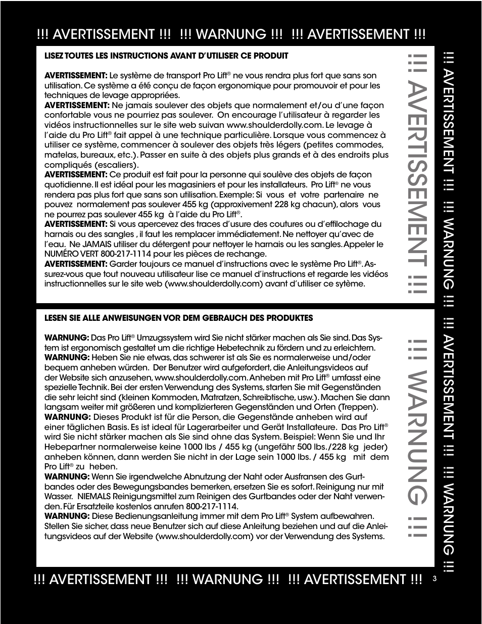 A vertissement !!! !!! w arnung | Shoulder Dolly PRO LIFT User Manual | Page 3 / 14