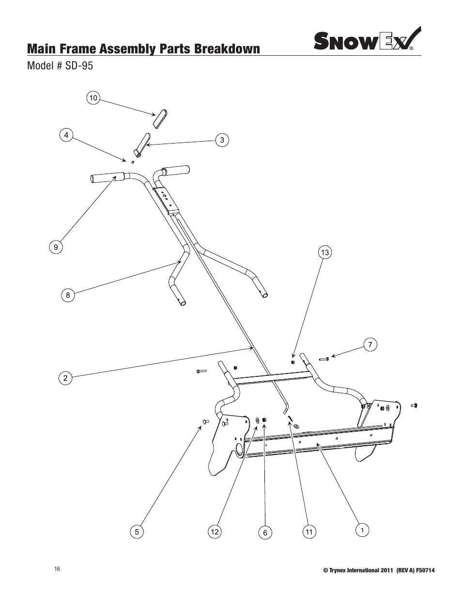Main frame assembly parts breakdown, Model # sd-95 | SnowEx SD-95SS User Manual | Page 16 / 24