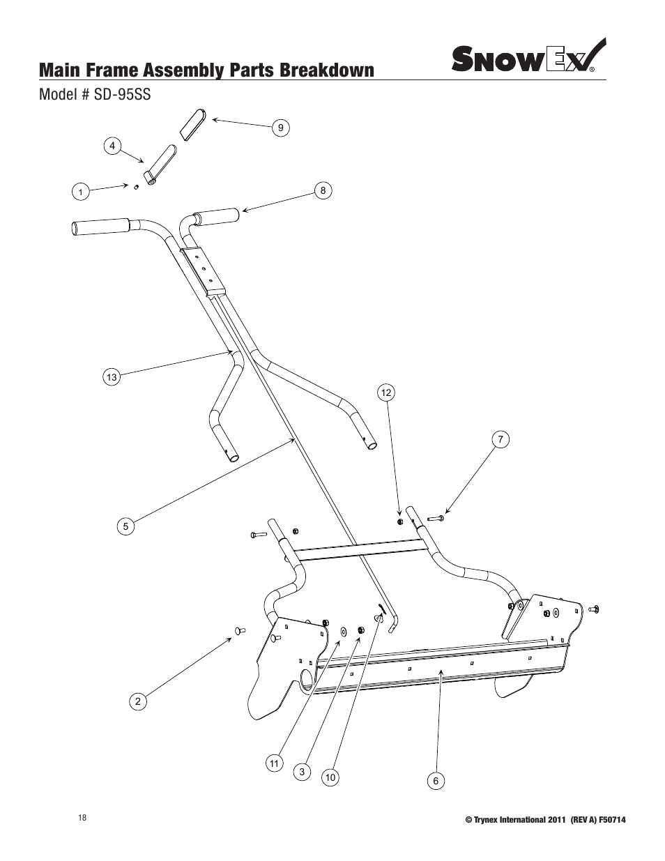 Main frame assembly parts breakdown, Model # sd-95ss | SnowEx SD-95SS User Manual | Page 18 / 24