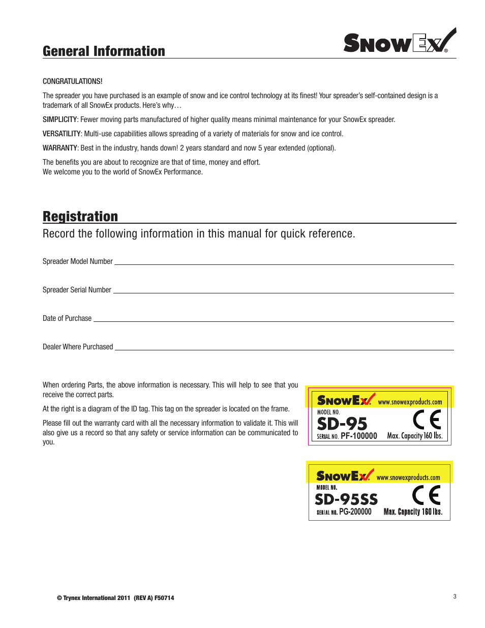 General information, Registration | SnowEx SD-95SS User Manual | Page 3 / 24