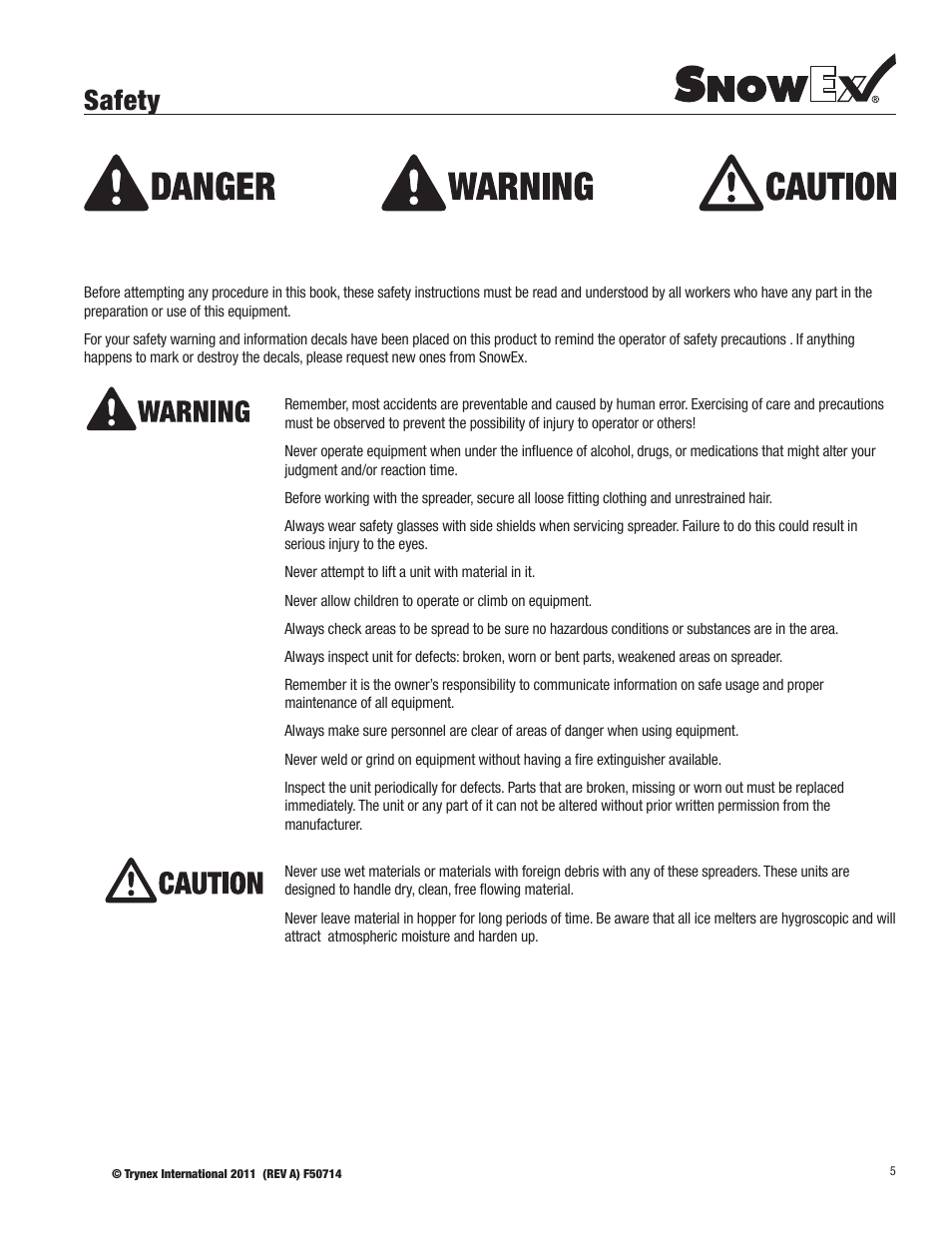 Safety | SnowEx SD-95SS User Manual | Page 5 / 24