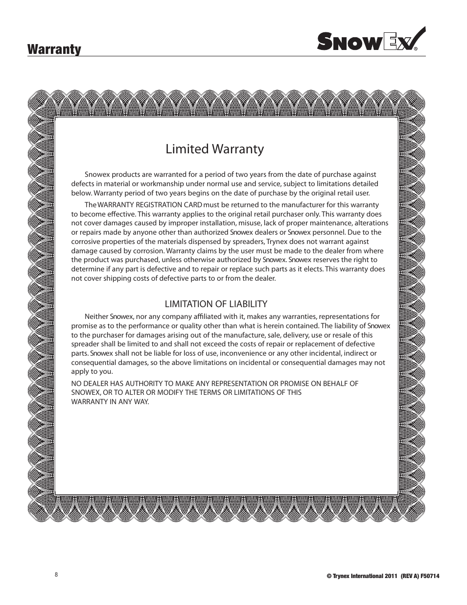 Warranty, Warranty limited warranty, Limitation of liability | SnowEx SD-95SS User Manual | Page 8 / 24