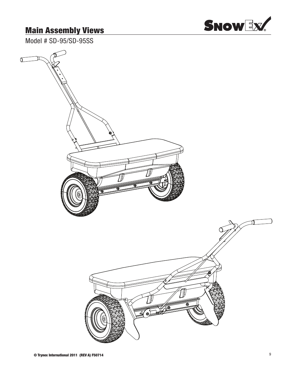 Main assembly views, Model # sd-95/sd-95ss | SnowEx SD-95SS User Manual | Page 9 / 24