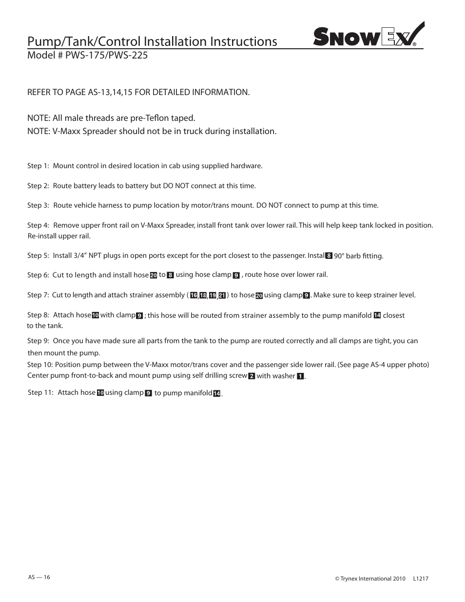 Pump/tank/control installation instructions | SnowEx PWS-225 User Manual | Page 16 / 40