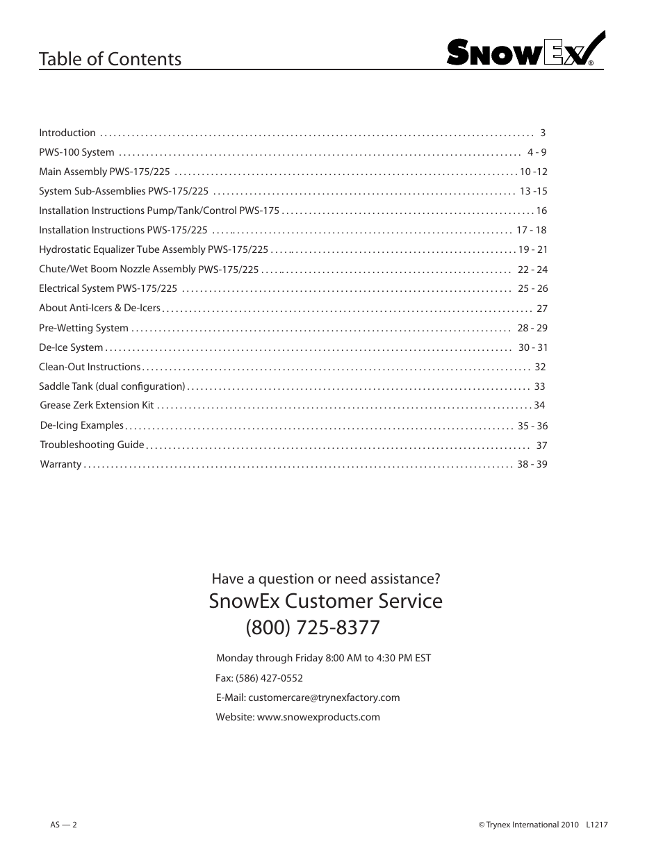 SnowEx PWS-225 User Manual | Page 2 / 40