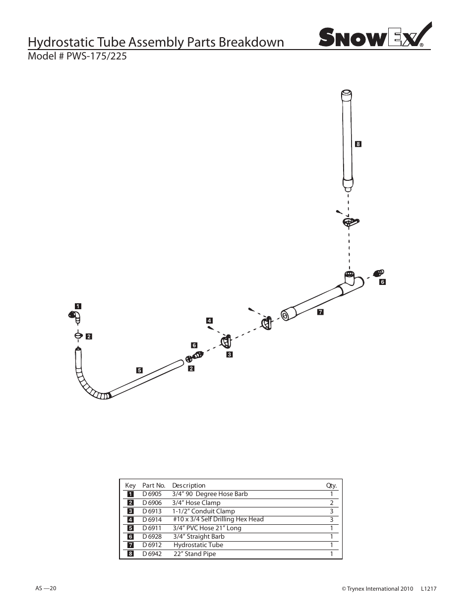 Hydrostatic tube assembly parts breakdown | SnowEx PWS-225 User Manual | Page 20 / 40