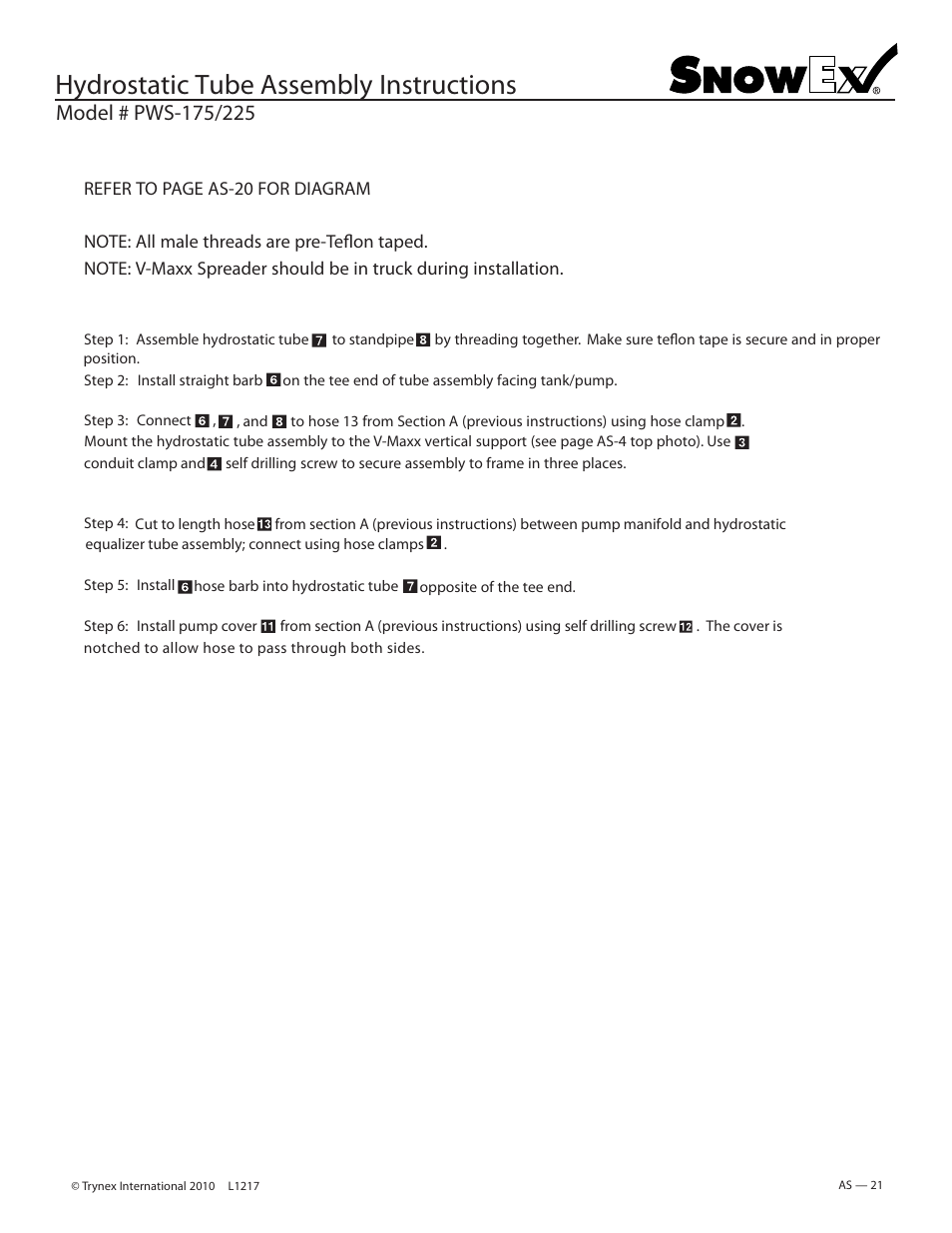 Hydrostatic tube assembly instructions | SnowEx PWS-225 User Manual | Page 21 / 40