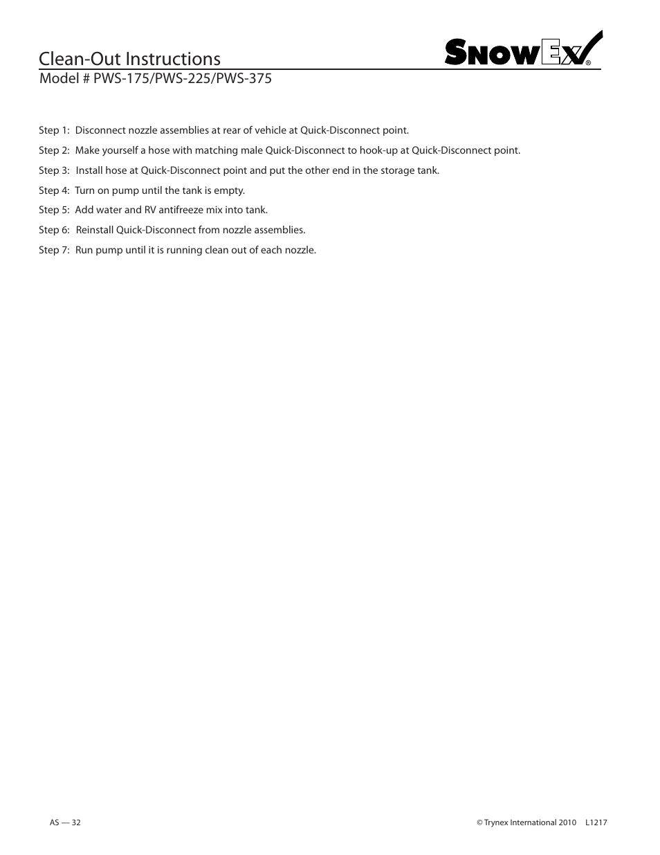 Clean-out instructions | SnowEx PWS-225 User Manual | Page 32 / 40