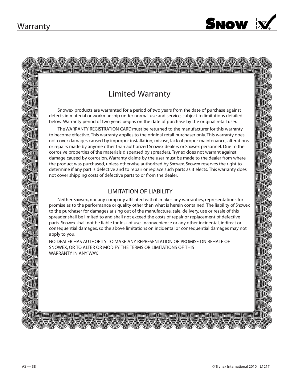 Warranty limited warranty, Limitation of liability | SnowEx PWS-225 User Manual | Page 38 / 40