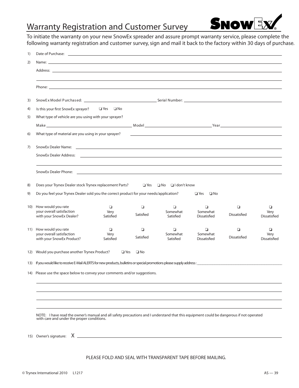 Warranty registration and customer survey | SnowEx PWS-225 User Manual | Page 39 / 40