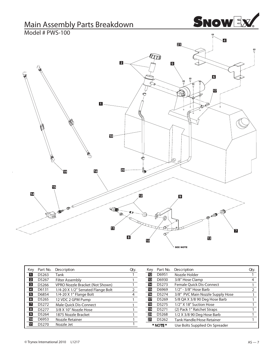 Main assembly parts breakdown, Model # pws-100 | SnowEx PWS-225 User Manual | Page 7 / 40