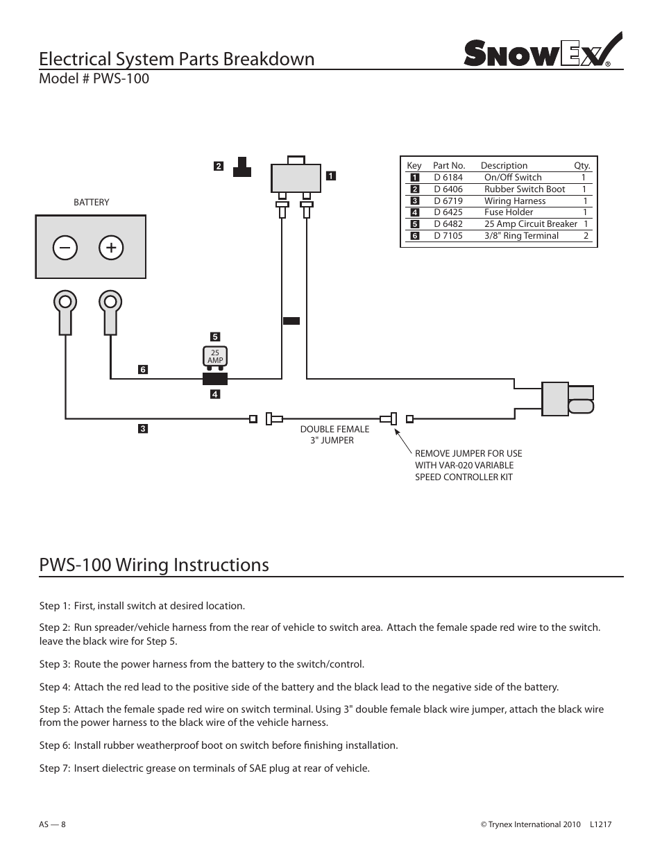 Electrical system parts breakdown, Pws-100 wiring instructions, Model # pws-100 | SnowEx PWS-225 User Manual | Page 8 / 40