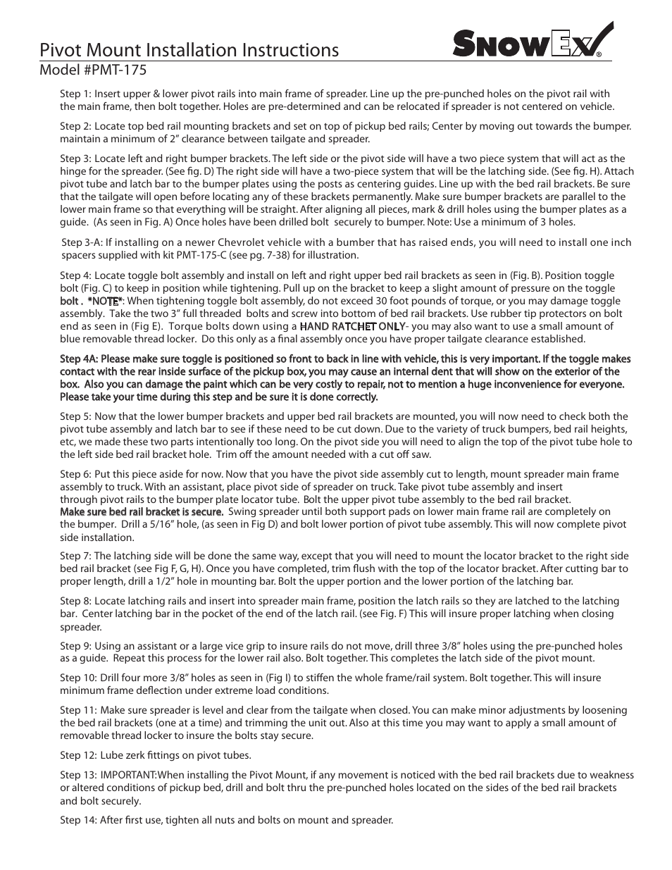 Pivot mount installation instructions, Model #pmt-175 | SnowEx PMT-175-C User Manual | Page 2 / 3