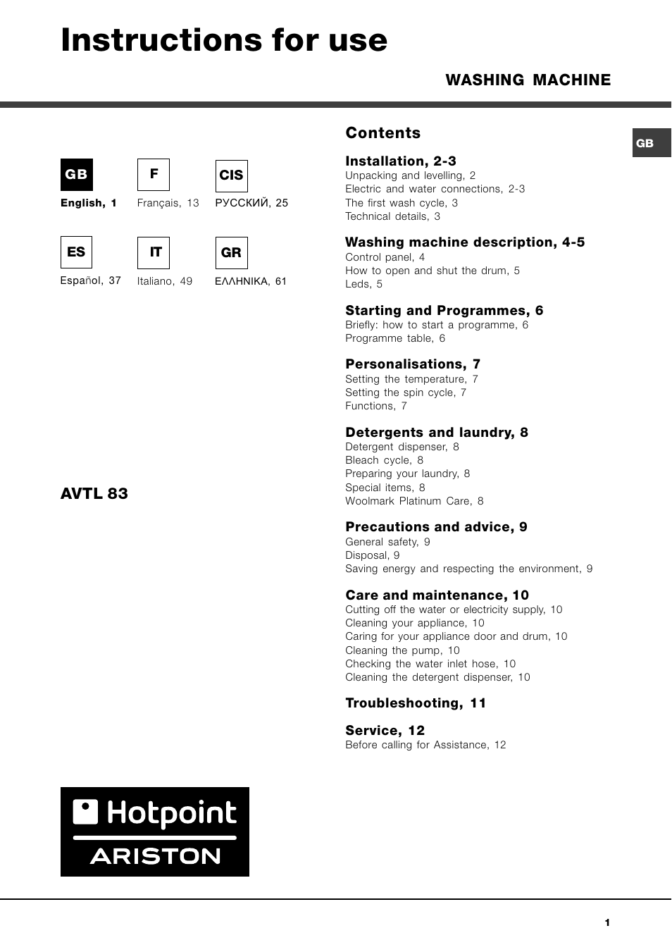 Hotpoint Ariston AVTL 83 User Manual | 72 pages